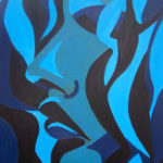 An abstract painting of the profile of a woman in various shades of blue and black