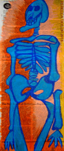 an oil pastel drawing on newspaper of a blue skeleton