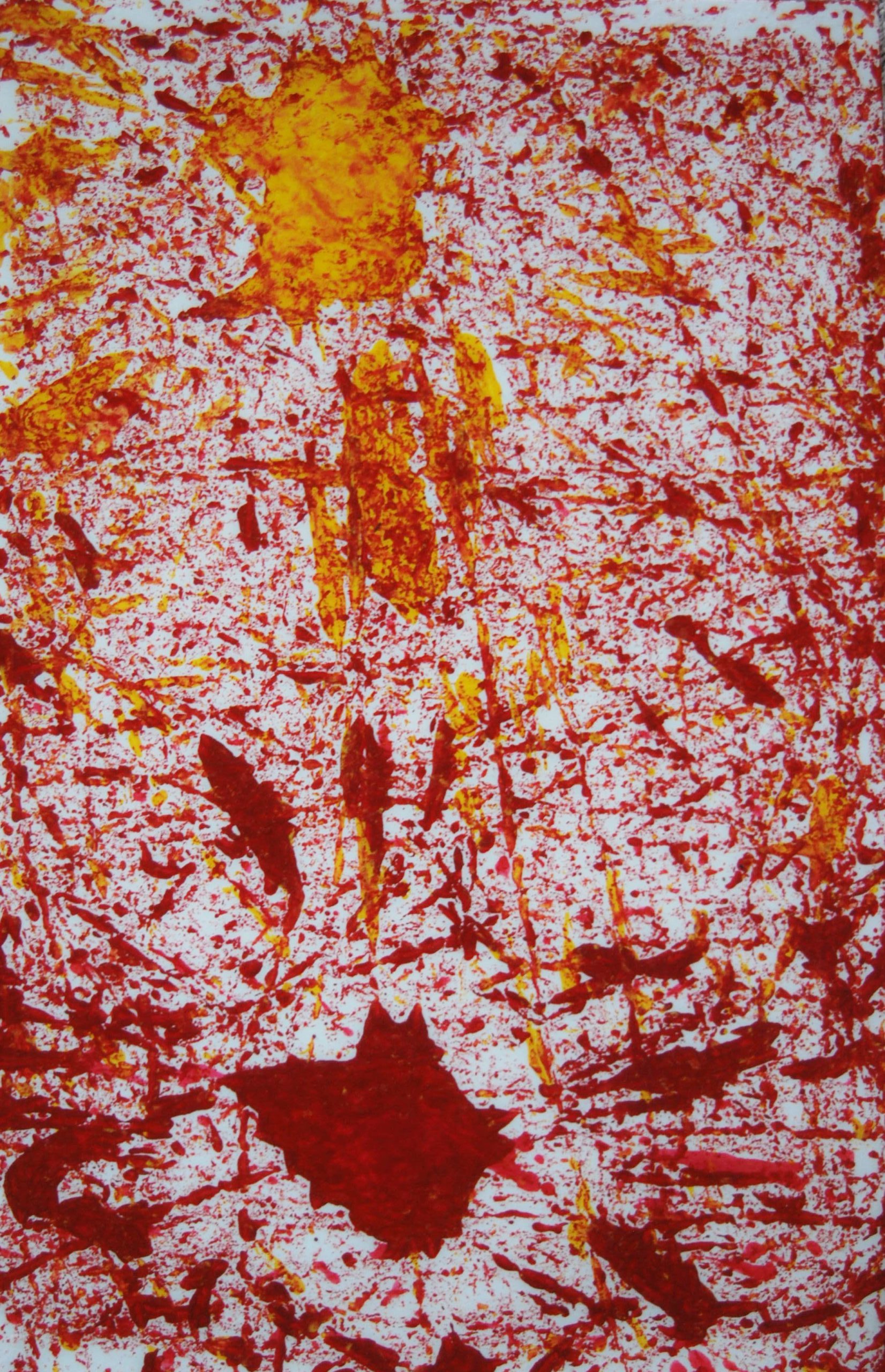 A white piece of paper with red and yellow splotches all over. an abstract watercolor